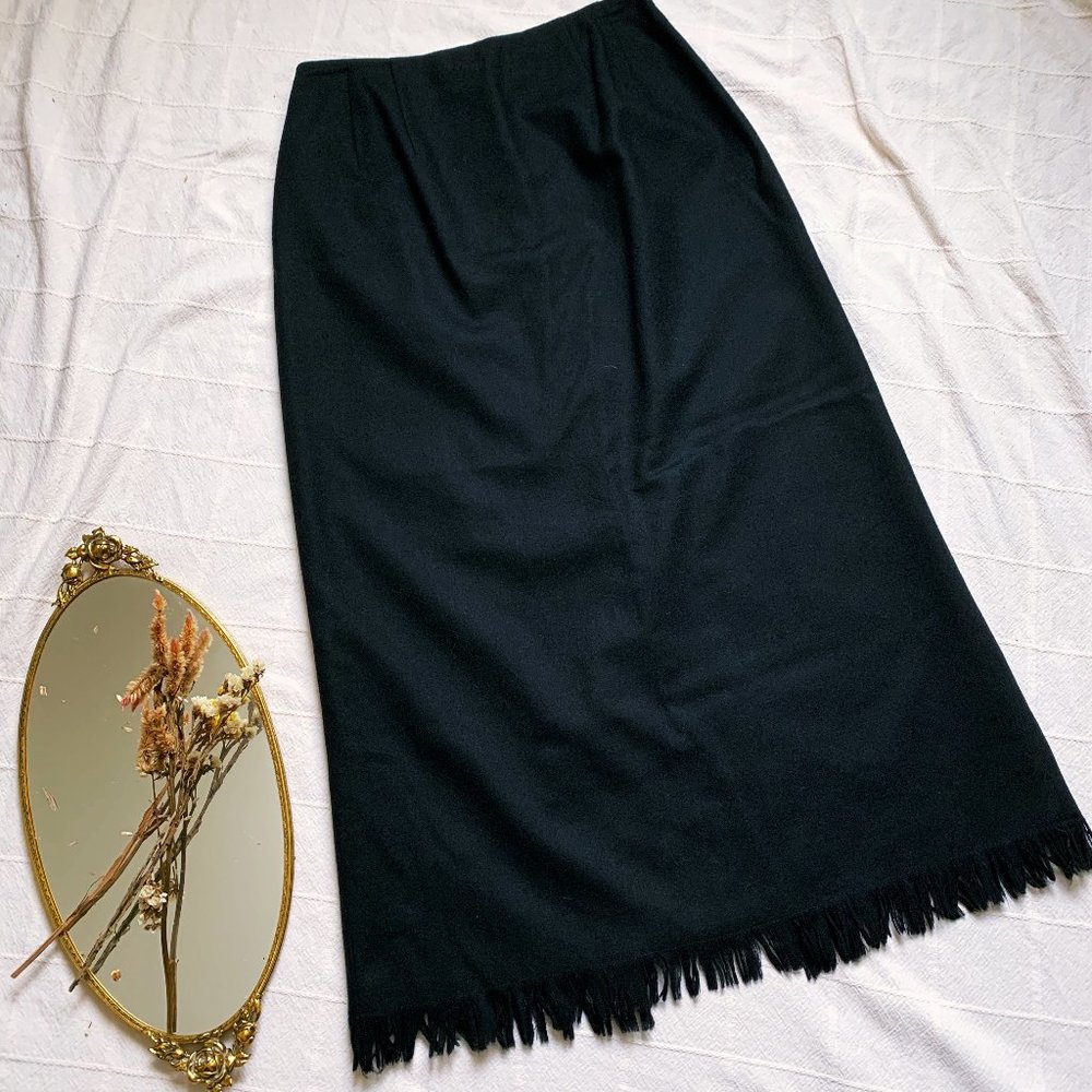 HARVE BERNARD SPORT- Black Wool Skirt with Fringe